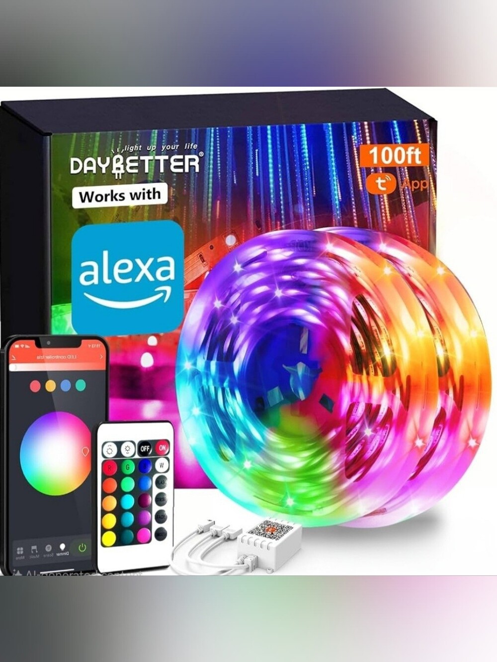 DAYBETTER 100ft Smart WiFi LED Strip Lights, Works with Alexa and Google Assist